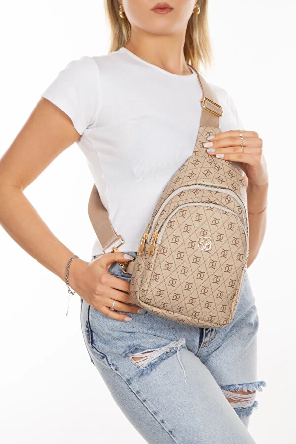 Kadın Bej Deri Monogram Desenli Çapraz Bel Göğüs Ve Omuz Çantası new218