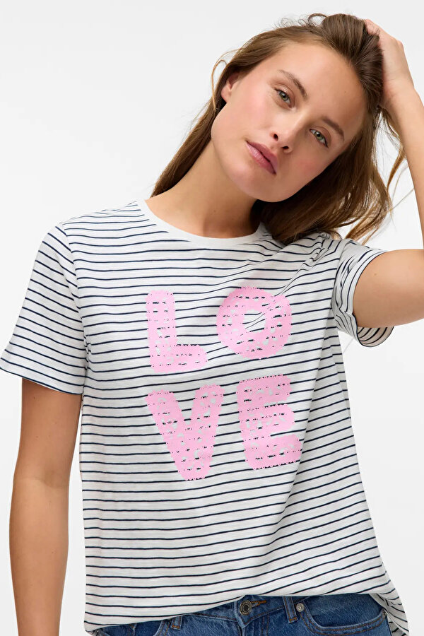Kadın Vmsımone Kısa Kollu %100 Pamuk T-Shirt 10328170 Ekru