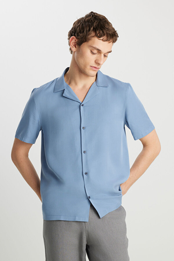 Relaxed Fit Tencel Göm Mavi Erkek Gömlek