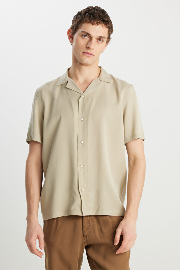 Relaxed Fit Tencel Göm Bej Erkek Gömlek