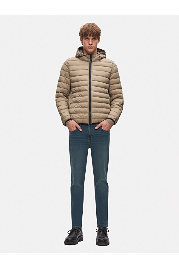 Kapüşonlu Düz Yeşil Mont