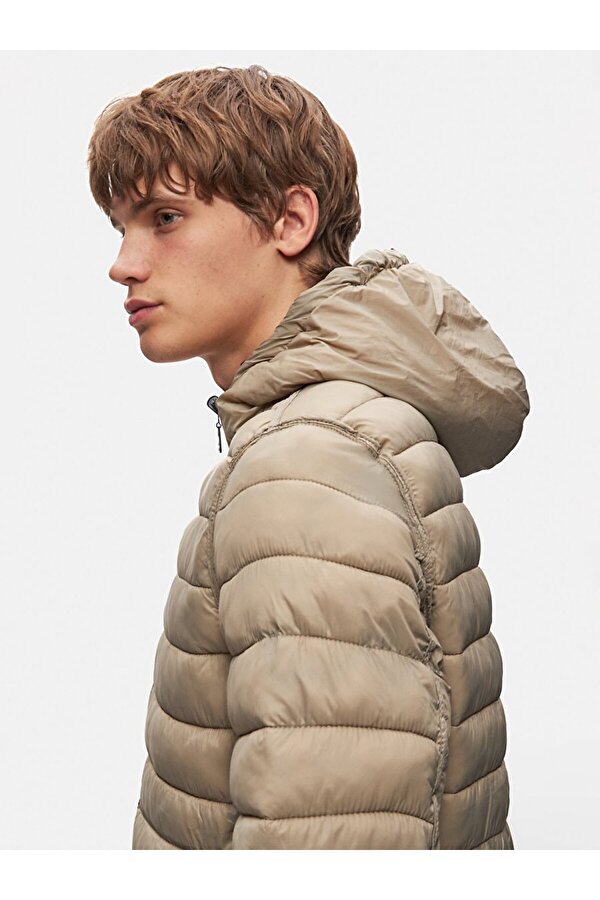 Kapüşonlu Düz Yeşil Mont