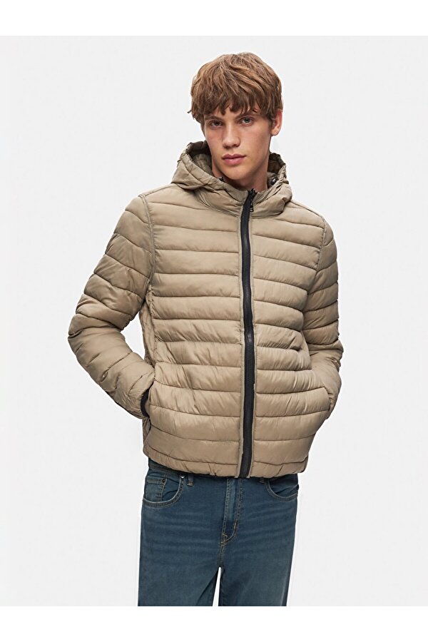 Kapüşonlu Düz Yeşil Mont