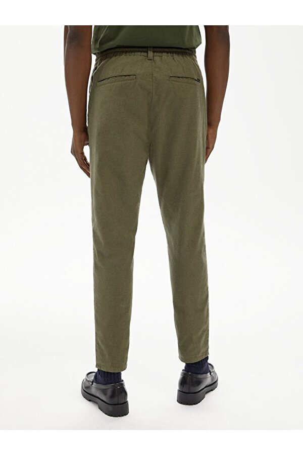 Düz Paça Keten Görünümlü Jogger Yeşil Pantolon