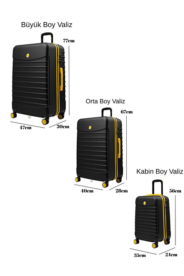 3 lü Valiz Seti Büyük Boy - Orta Boy - Kabin Boy Siyah 1168