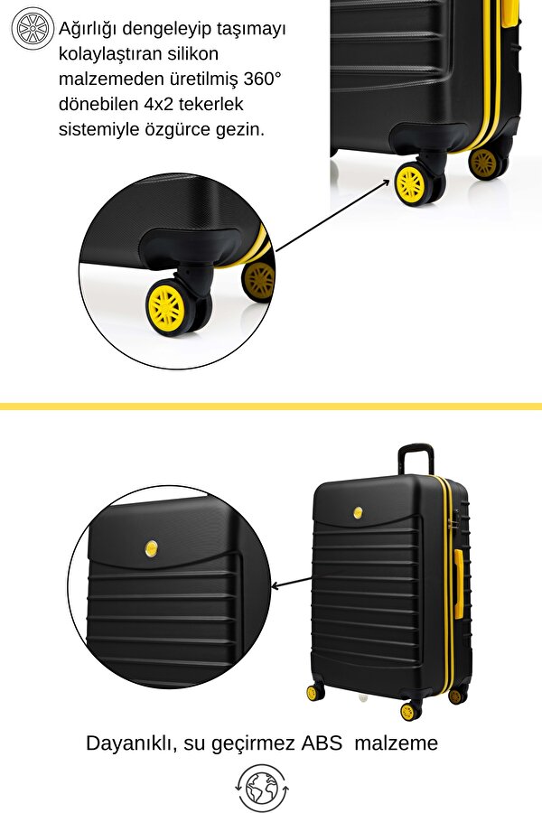 3 lü Valiz Seti Büyük Boy - Orta Boy - Kabin Boy Siyah 1168