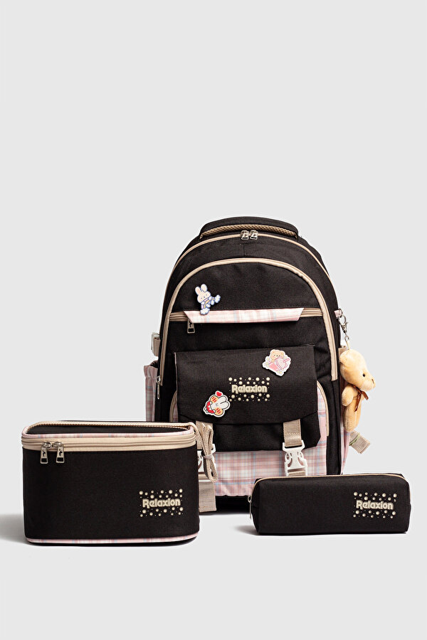 Rlx-1396 3 lü Set Çocuk İlkokul çantası Kalemlikli Beslenme Çantalı Sırt Çantası SİYAH PEMBE