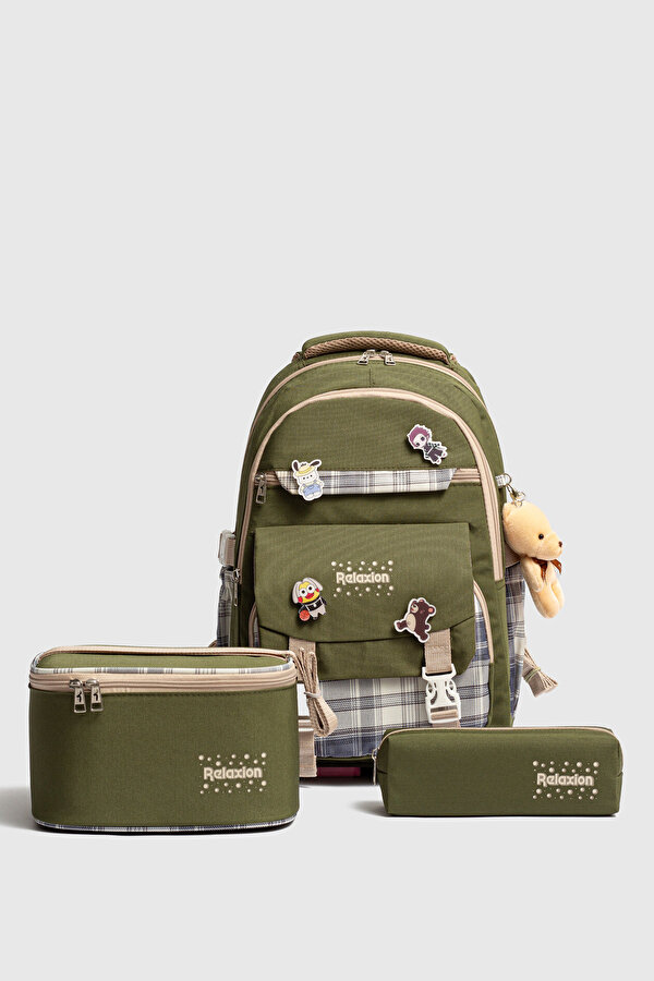 Rlx-1396 3 lü Set Çocuk İlkokul çantası Kalemlikli Beslenme Çantalı Sırt Çantası YEŞİL