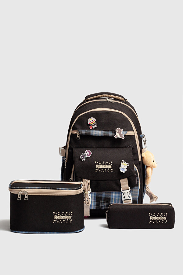 Rlx-1396 3 lü Set Çocuk İlkokul çantası Kalemlikli Beslenme Çantalı Sırt Çantası SİYAH