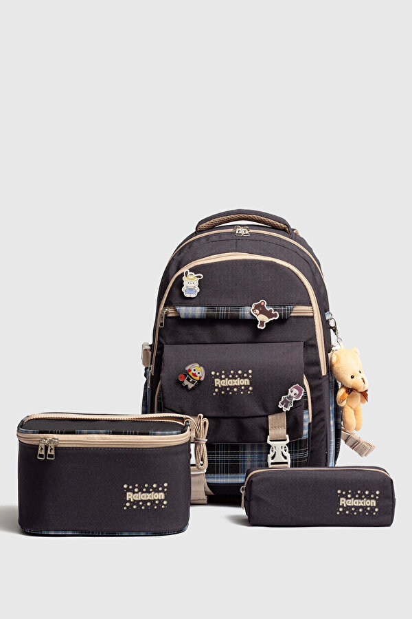 Rlx-1396 3 lü Set Çocuk İlkokul çantası Kalemlikli Beslenme Çantalı Sırt Çantası LACİVERT