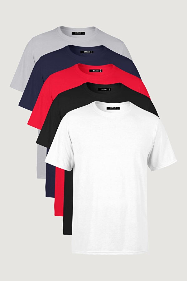 Erkek Çok Renkli T- Shirt Regular Fit Rahat Kesim Bisiklet Yaka 5 li Basic Tişört Paketi
