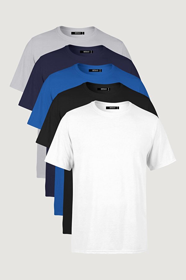 Erkek Çok Renkli T- Shirt Regular Fit Rahat Kesim Bisiklet Yaka 5 li Basic Tişört Paketi