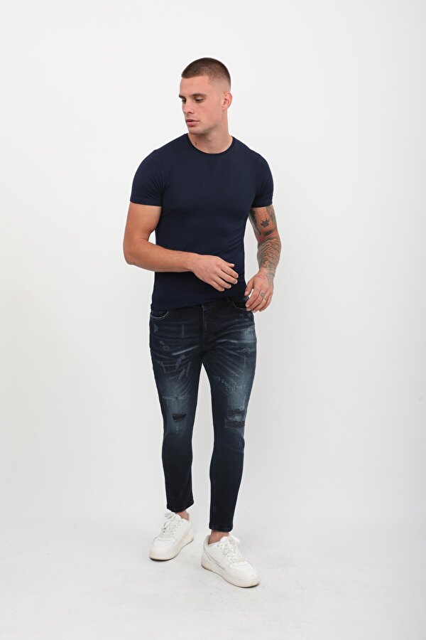 Erkek Skinny Ripped Patch Detaylı Jean Lacivert