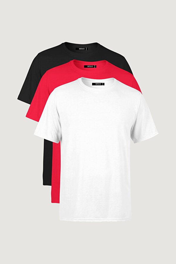 Erkek Çok Renkli T- Shirt Regular Fit Rahat Kesim Bisiklet Yaka 3 lü Basic Tişört Paketi