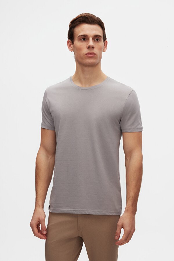 Ds Damat Slim Fit Gri Bisiklet Yaka %100 Pamuklu Nefes Alabilen T-Shirt