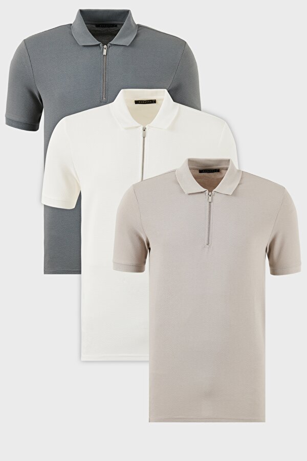 Erkek Polo Yaka T Shirt 5902915S3 Beyaz-Açık Haki-Gri