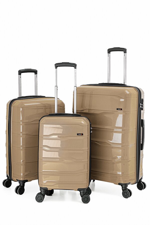 FOCUX 23  3  lü Set Kırılmaz Polipropilen Valiz Seyahat Tatil Çeyiz Tekerlekli GOLD
