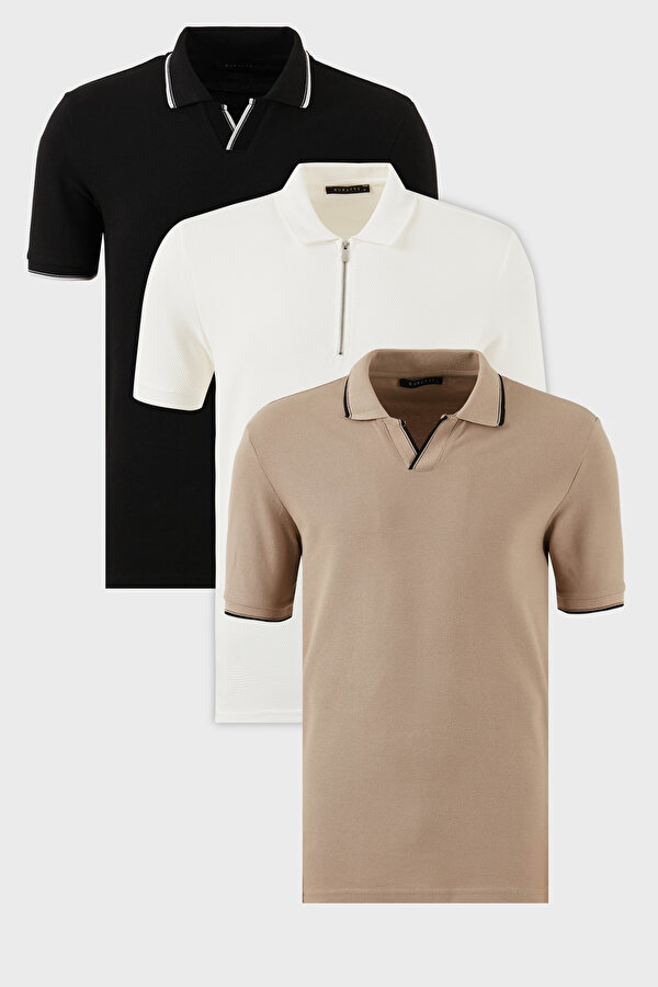 Erkek Polo Yaka T Shirt 590296415S3 Vizon-Beyaz-Siyah