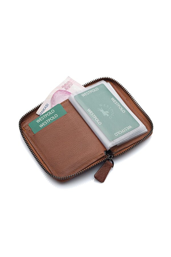 West Polo Bol Kartlıklı Kağıt Para Bölmeli Fermuarlı Hakiki Deri Unisex Kartlık Cüzdan TRY502
