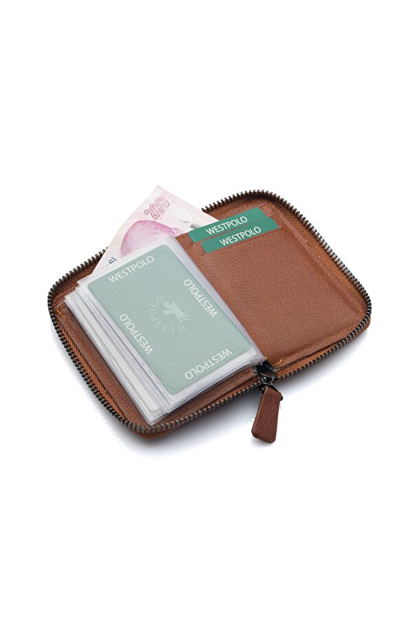 West Polo Bol Kartlıklı Kağıt Para Bölmeli Fermuarlı Hakiki Deri Unisex Kartlık Cüzdan TRY502