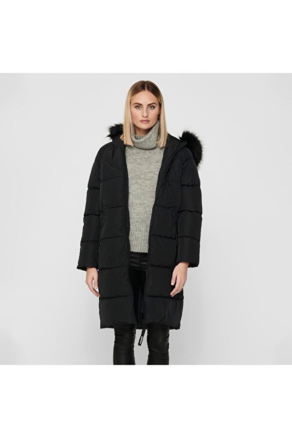 Monica Long Puffer Coat Kadın Siyah Kapüşonlu Mont