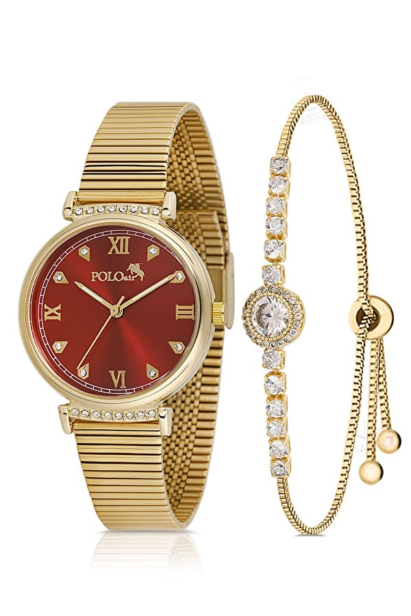 Klasik Kadın Kol Saati Zirkon Taşlı Yuvarlak Bileklik Kombin Gold Kırmızı Renk PL-1554B8