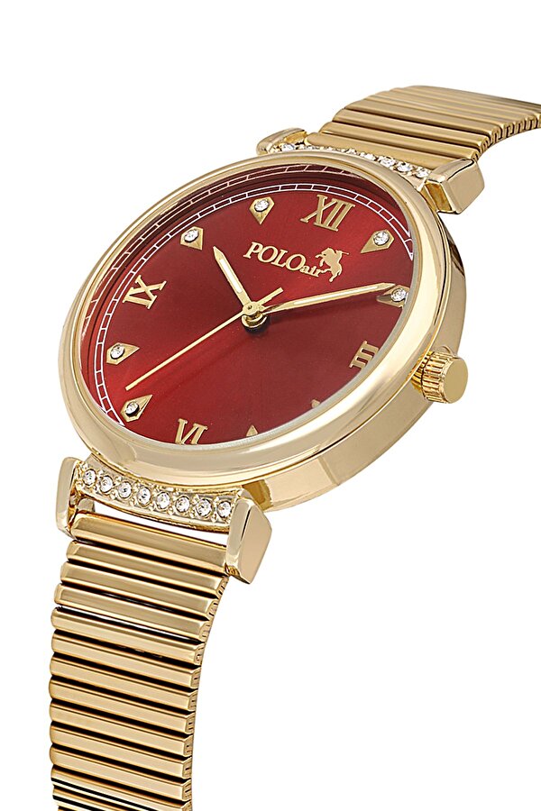 Klasik Kadın Kol Saati Zirkon Taşlı Yuvarlak Bileklik Kombin Gold Kırmızı Renk PL-1554B8