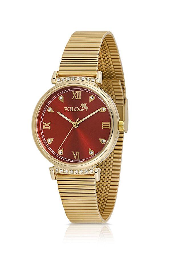 Klasik Kadın Kol Saati Zirkon Taşlı Yuvarlak Bileklik Kombin Gold Kırmızı Renk PL-1554B8