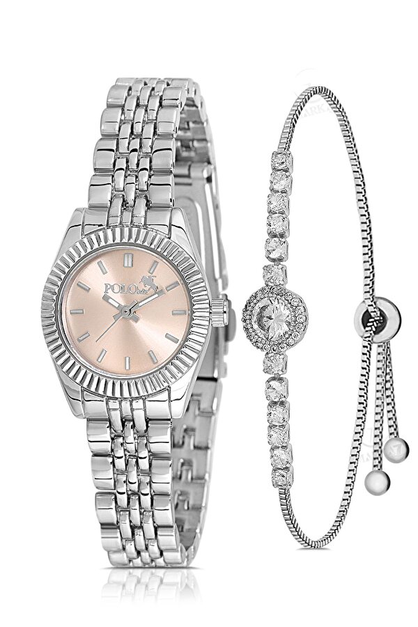 Zarif Kadın Kol Saati Zirkon Taşlı Yuvarlak Bileklik Kombin Gümüş Açık Pembe Renk PL-1553B4