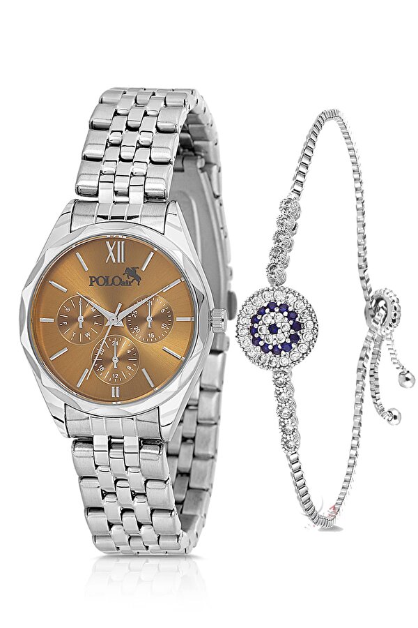 Klasik Spor Kadın Kol Saati Zirkon Taşlı Nazar Bileklik Kombin Gümüş Kahve Renk PL-1552B5