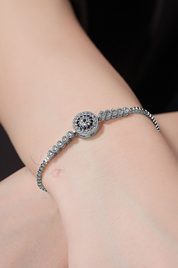 Klasik Spor Kadın Kol Saati Zirkon Taşlı Nazar Bileklik Kombin Gümüş Kahve Renk PL-1552B5