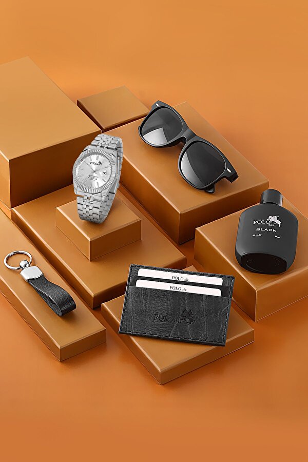 Mercek Takvimli Erkek Kol Saat Gözlük Parfüm Kartlık Anahtarlık Kombin Gümüş Renk PL-7006E3