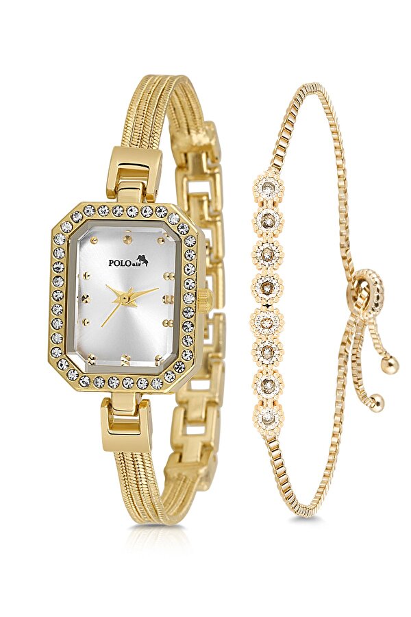 Hasır Metal Kordon Kadın Kol Saati Zirkon Taşlı Su Yolu Bileklik Kombin Gold Renk PL-1545B1