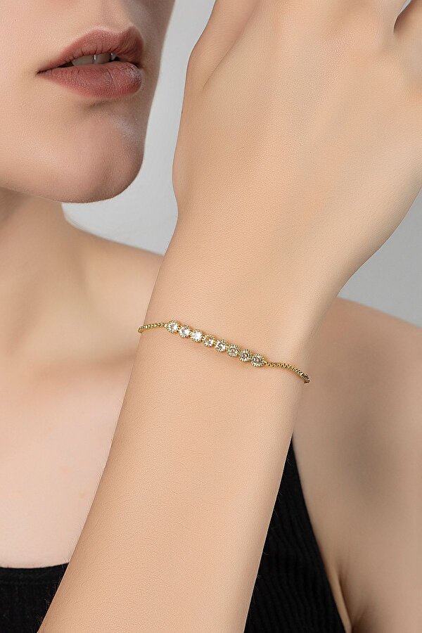 Hasır Metal Kordon Kadın Kol Saati Zirkon Taşlı Su Yolu Bileklik Kombin Gold Renk PL-1545B1