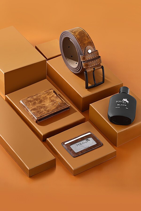 Erkek Kol Saati Cüzdan Kemer Kartlık Parfüm Set Kombin Gümüş Taba Renk PL-0999E4