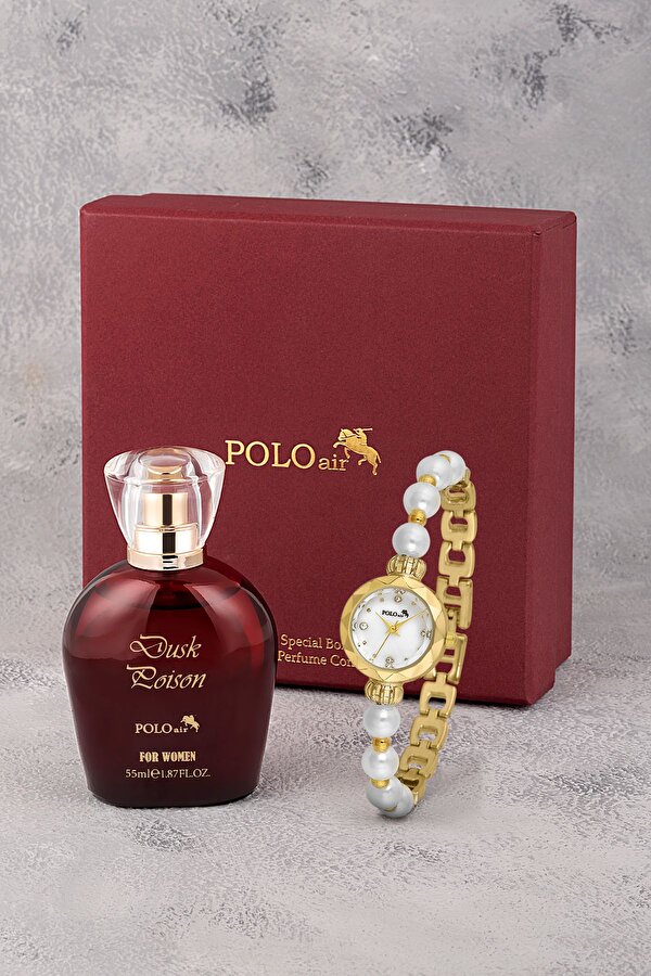 Zarif İnci Görünümlü Kadın Kol Saati Parfüm Bordo Hediyelik Kutsunda Set Gold Renk ST-2172S1