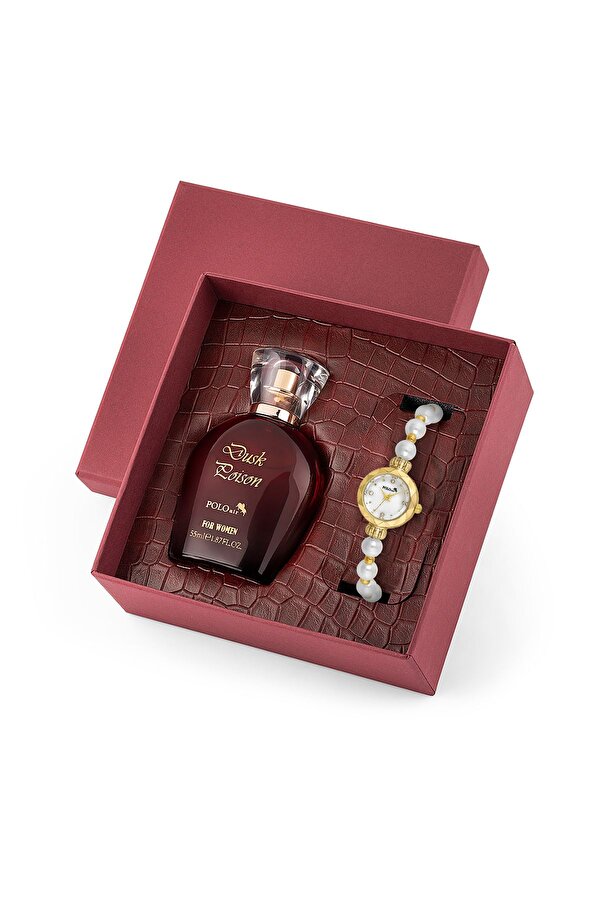 Zarif İnci Görünümlü Kadın Kol Saati Parfüm Bordo Hediyelik Kutsunda Set Gold Renk ST-2172S1