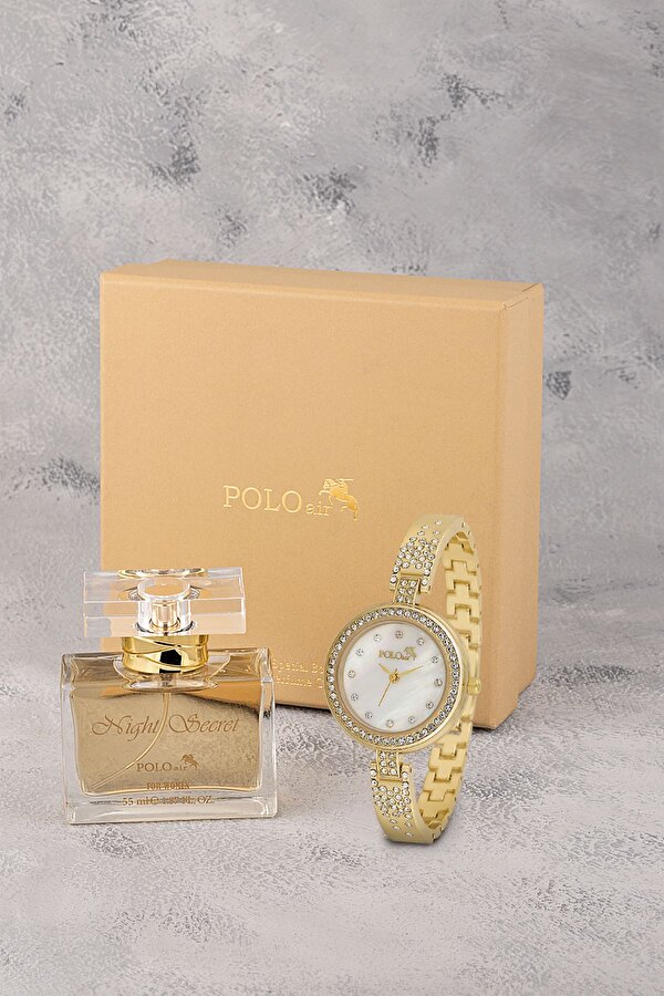 Retro Lüx Taşlı Kadın Kol Saati Ve Parfüm Seti Hediyelik Kutsunda Kombin Gold Renk ST-2176S1