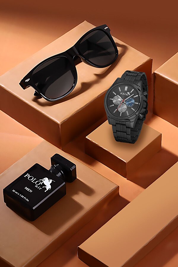 Premium Set Kombin Erkek Kol Saati Parfüm Gözlük Set Siyah Renk PL-7018E1