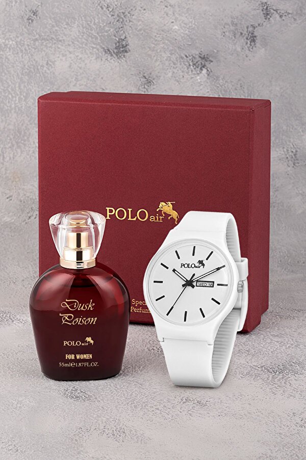 Spor Gün Ay Takvimli Kadın Kol Saati Parfüm Bordo Hediyelik Kutsunda Set Beyaz Siyah Renk ST-2169S1