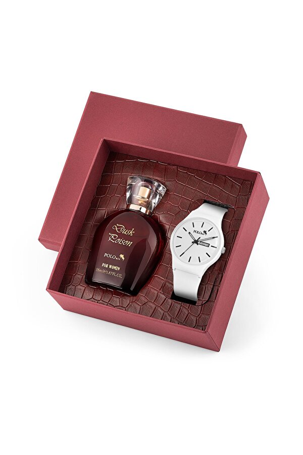 Spor Gün Ay Takvimli Kadın Kol Saati Parfüm Bordo Hediyelik Kutsunda Set Beyaz Siyah Renk ST-2169S1