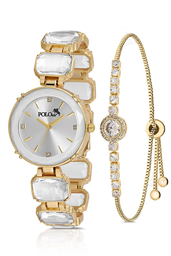 Lüx Taşlı Kordon Kadın Kol Saati Zirkon Taşlı Yuvarlak Bileklik Kombin Gold Renk PL-1533B1