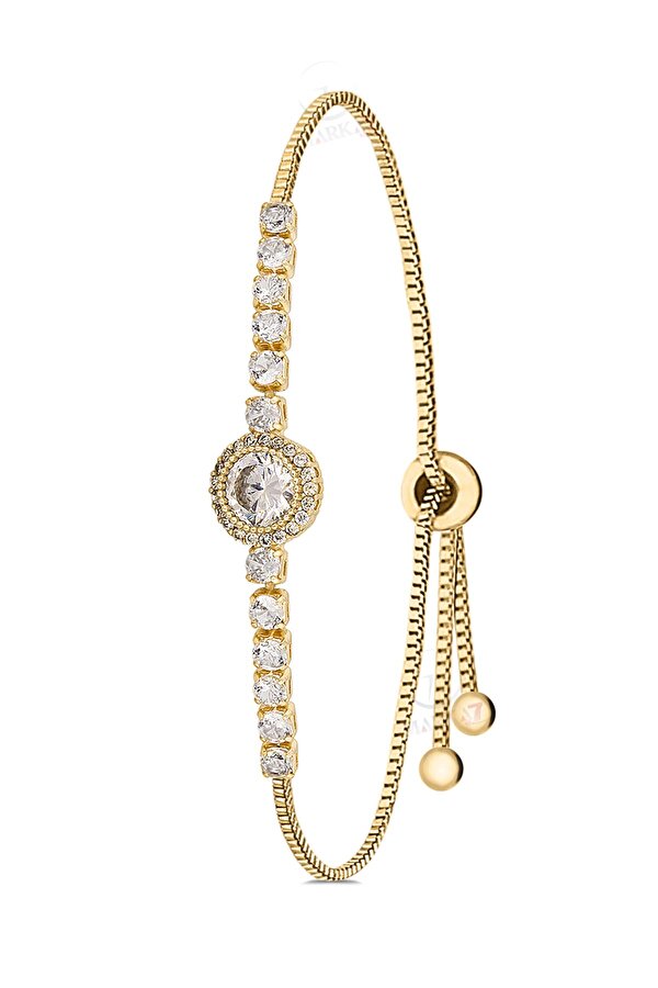 Lüx Taşlı Kordon Kadın Kol Saati Zirkon Taşlı Yuvarlak Bileklik Kombin Gold Renk PL-1533B1