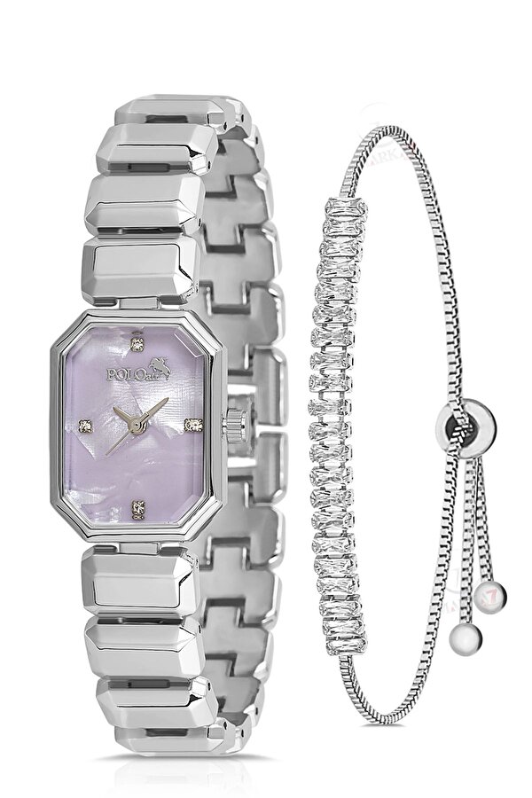Zarif Dikdörtgen Kasa Kadın Kol Saati Zirkon Taşlı Baget Bileklik Kombin Gümüş Lila Renk PL-1532B6