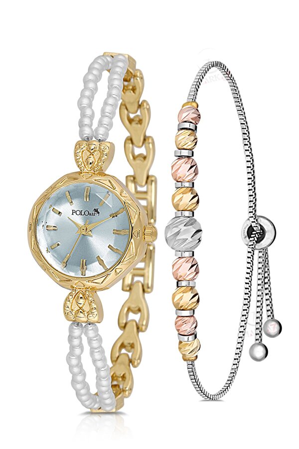 İki inci Taşlı Görünümlü Kordon Kadın Kol Saati Dorika Bileklik Kombin Gold Mavi Renk PL-1531B8