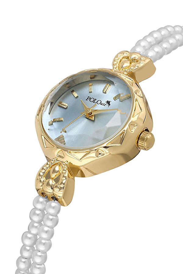 İki inci Taşlı Görünümlü Kordon Kadın Kol Saati Dorika Bileklik Kombin Gold Mavi Renk PL-1531B8