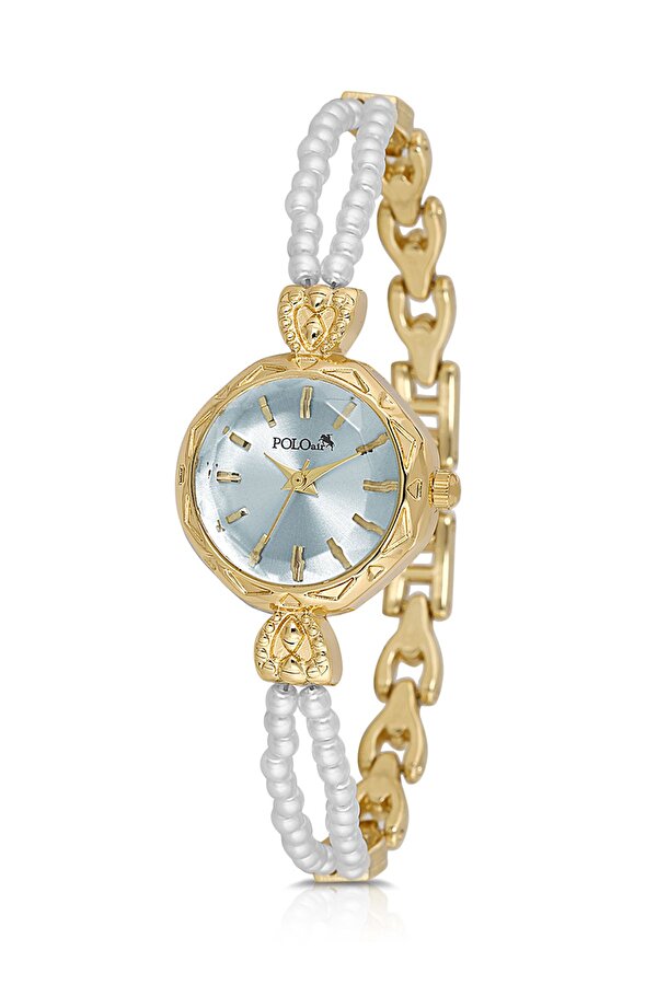 İki inci Taşlı Görünümlü Kordon Kadın Kol Saati Dorika Bileklik Kombin Gold Mavi Renk PL-1531B8