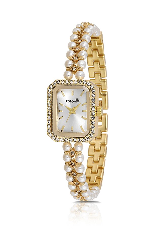 İnci Taşlı Görünümlü Kadın Kol Saati Zirkon Taşlı Su Yolu Bileklik Kombin Beyaz Gold Renk PL-1529B1