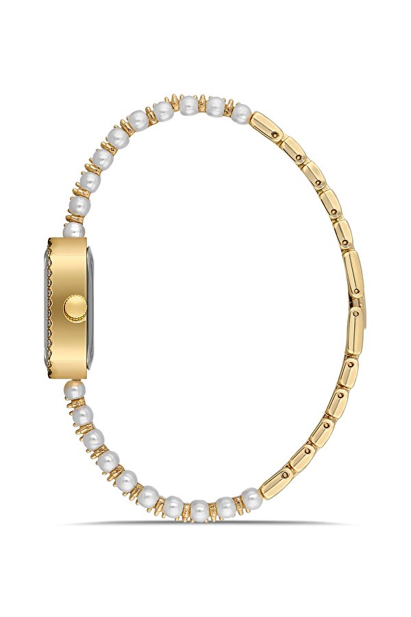 İnci Taşlı Görünümlü Kadın Kol Saati Zirkon Taşlı Su Yolu Bileklik Kombin Beyaz Gold Renk PL-1529B1