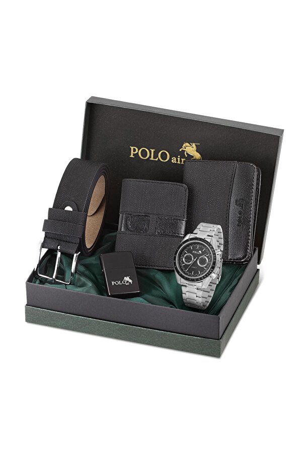 Spor Kasa Erkek Kol Saati Cüzdan Kemer Kartlık Çakmak Kombin Set Gri Gümüş Renk PL-0991E2